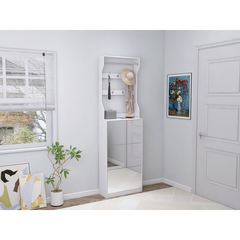 Everly Quinn Mirror Shoe Cabinet With 3 Flip-Tier Drawers Everly Quinn Mirror Shoe Cabinet With 3 Flip-Tier Drawers